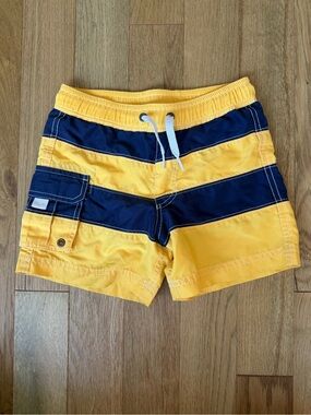 Hanna Andersson Boys Size 4 (100) Yellow Navy Striped Swim Trunks Shorts
